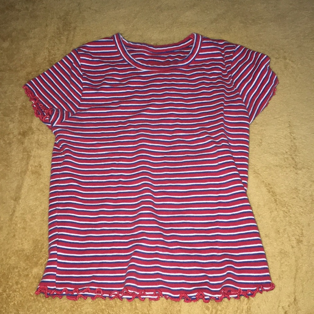 White blue and red stripped shirt